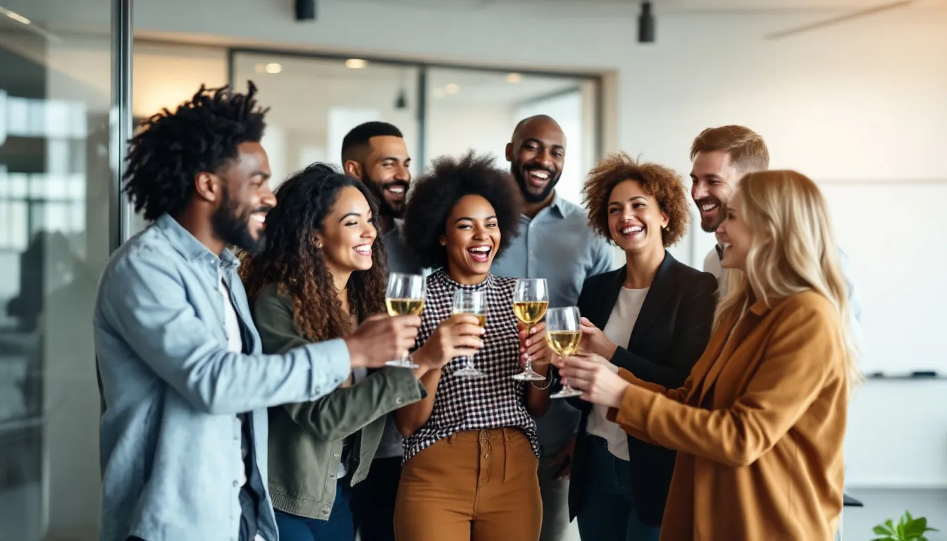In this image, a diverse group of employees from various backgrounds are joyfully celebrating their achievements together, reflecting a strong company culture and a commitment to cultural transformation. The atmosphere is filled with enthusiasm and a sense of belonging, showcasing the positive workplace culture that fosters employee engagement and aligns with the organization's mission.