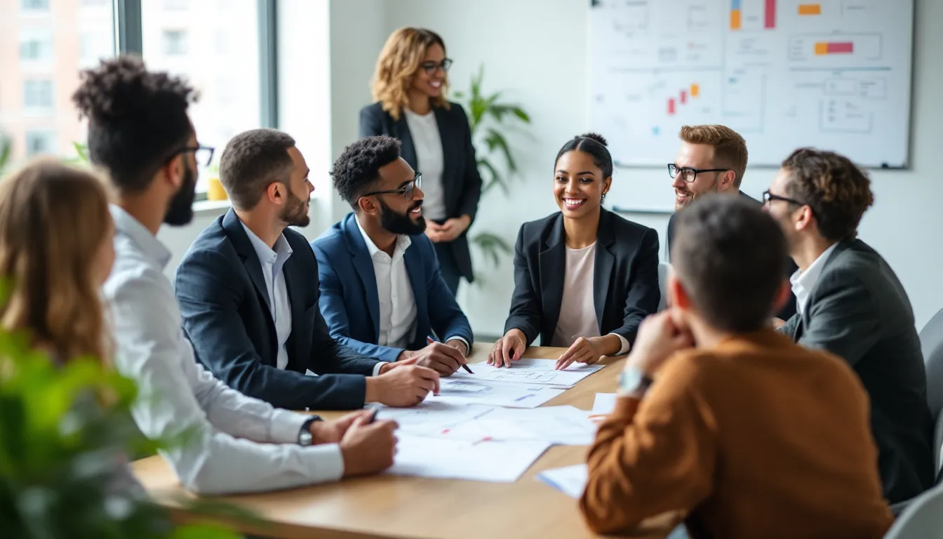 In an interactive leadership training workshop, diverse participants are engaged in group activities, collaborating to develop essential leadership skills and explore strategies for organizational success. The atmosphere is dynamic, emphasizing teamwork and the importance of making tough leadership decisions in rapidly changing work environments.
