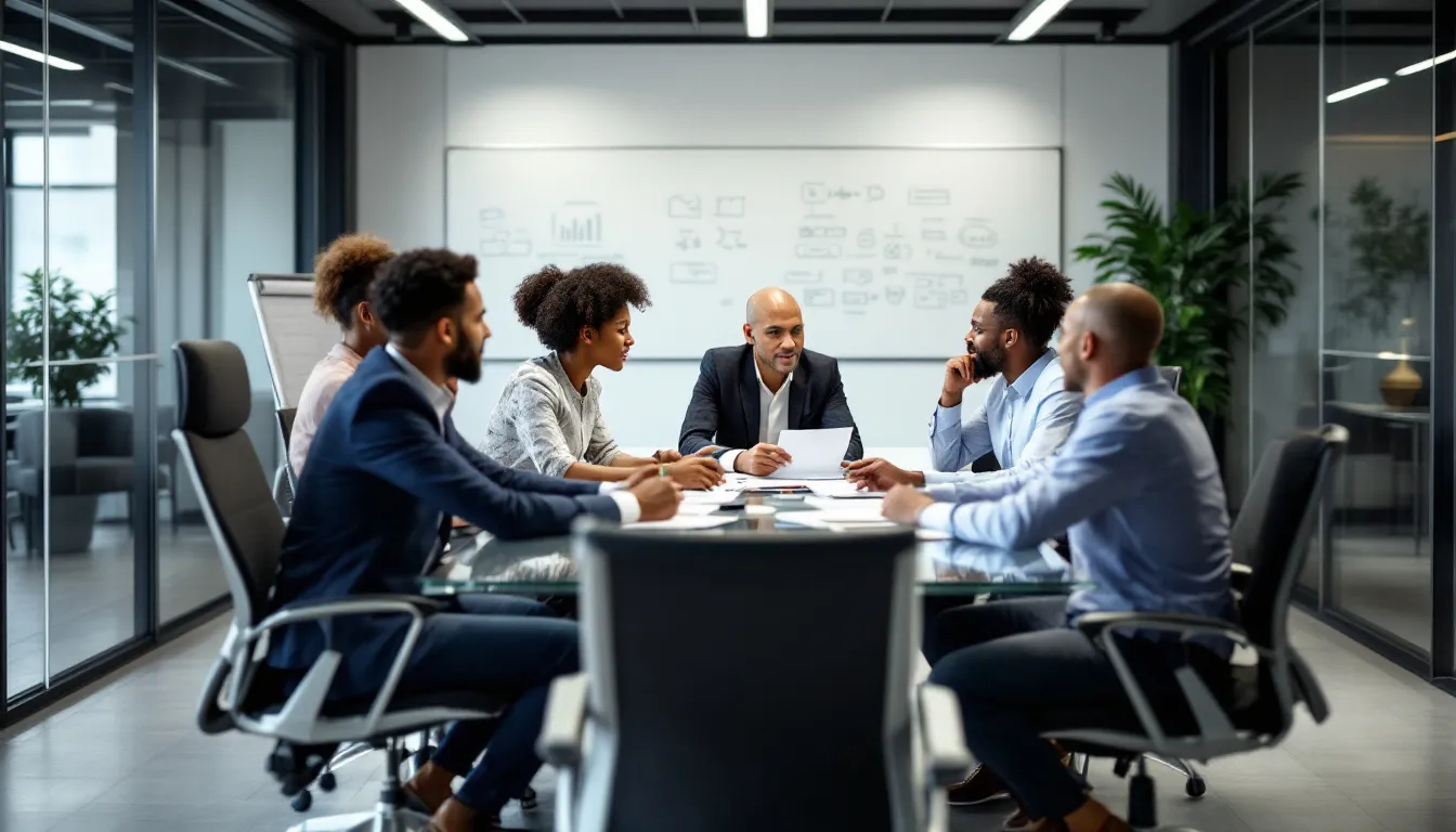 A diverse group of employees is gathered around a large table in a modern office space, engaged in a team meeting that emphasizes clear communication and collaboration. They are discussing strategies to enhance organizational culture and drive business outcomes, showcasing a commitment to innovation and employee satisfaction.