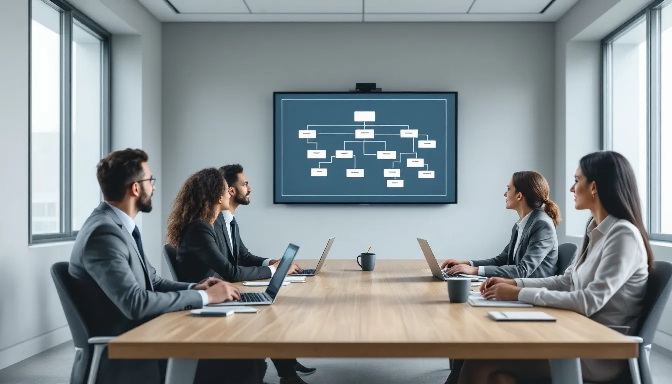 In the image, a group of business professionals attentively observes a presentation screen displaying organizational charts, highlighting their company's culture transformation and strategies for future success. The meeting reflects their commitment to clear communication and alignment on organizational goals, essential for driving innovation initiatives and enhancing employee satisfaction.