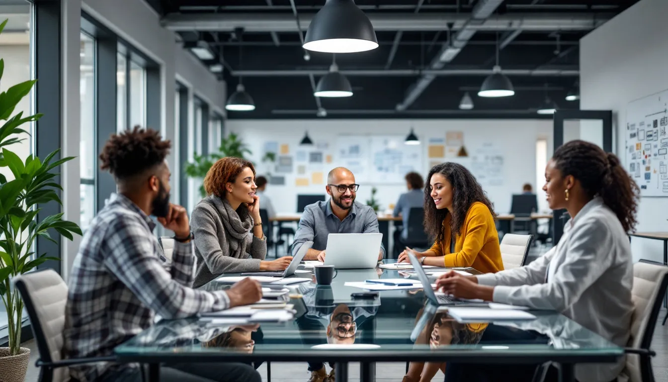 A diverse team is collaborating in a modern open office environment, showcasing a positive workplace culture that fosters employee engagement and supports organizational transformation. The atmosphere reflects a cultural shift towards innovation and teamwork, where employees feel connected and aligned with the organization's mission.