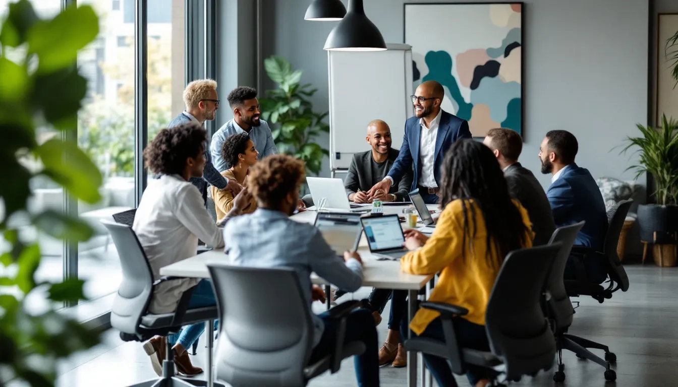 In the image, two diverse teams are gathered in a collaborative meeting space, engaging in discussions that promote cultural transformation and employee engagement. The atmosphere reflects a positive workplace culture, emphasizing teamwork and alignment towards shared business objectives.